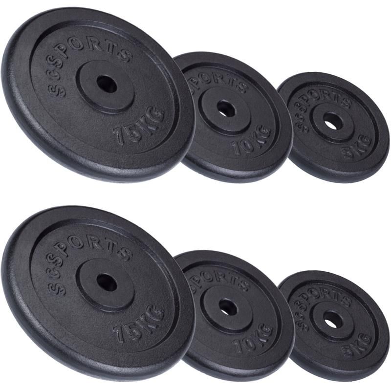 Sechs schwarze Hantelscheiben. Aufschrift: ScSPORTS, Gewichtsangabe 7,5 kg.