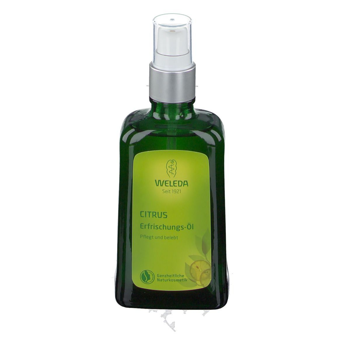 Grüne Glasflasche mit Sprühkopf. Aufkleber mit Produktnamen und Logo.