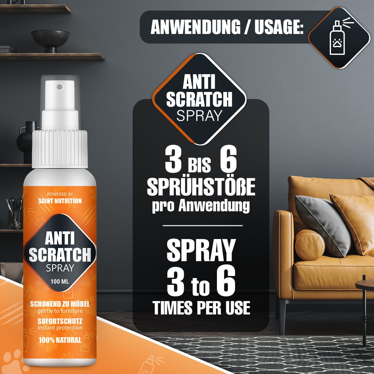 Sprühflasche. Text: Anti Scratch Spray, 100 ml, 100% Natural. Marke: Saint Nutrition. Anwendung: 3-6 Sprühstöße. 3-6 mal pro Anwendung.