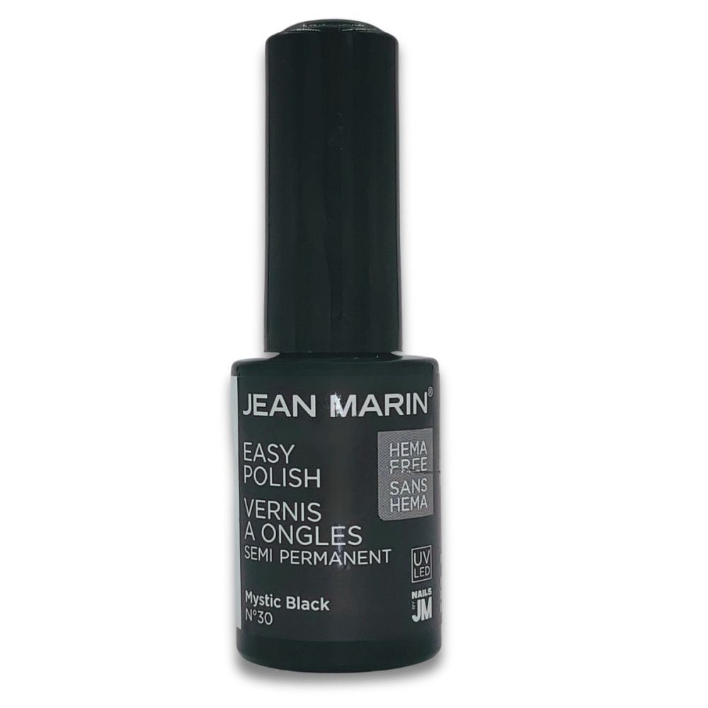 Schwarzer Nagellackflakon. Aufschrift: JEAN MARIN, EASY POLISH, HEMA FREE, Mystic Black. Mit UV/LED-Symbol.