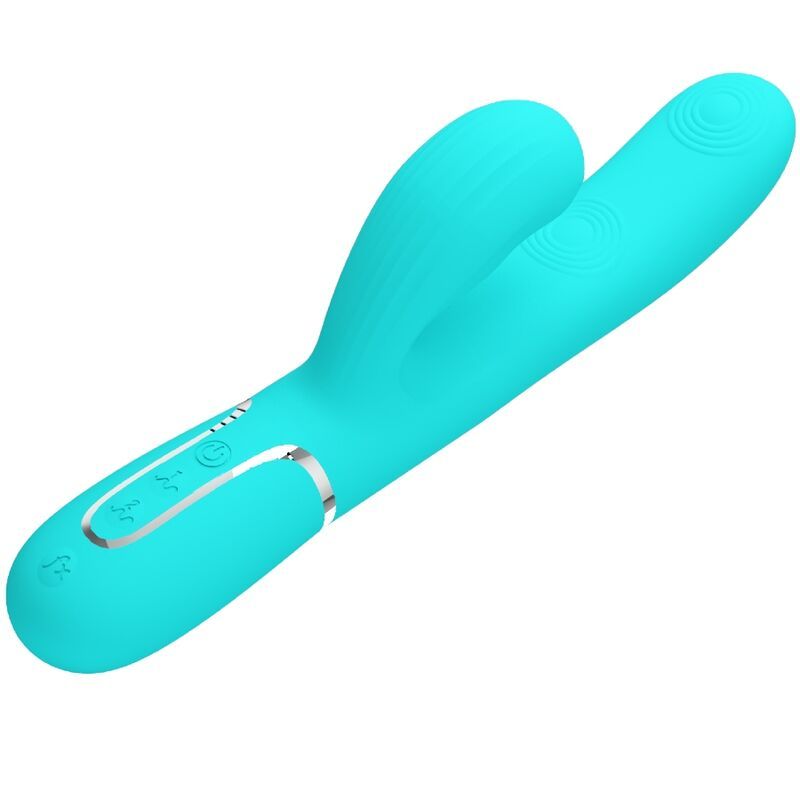 Türkisfarbener Vibrator mit zwei Enden. Ein Ende ist gebogen, das andere zylindrisch mit Bedienknöpfen.