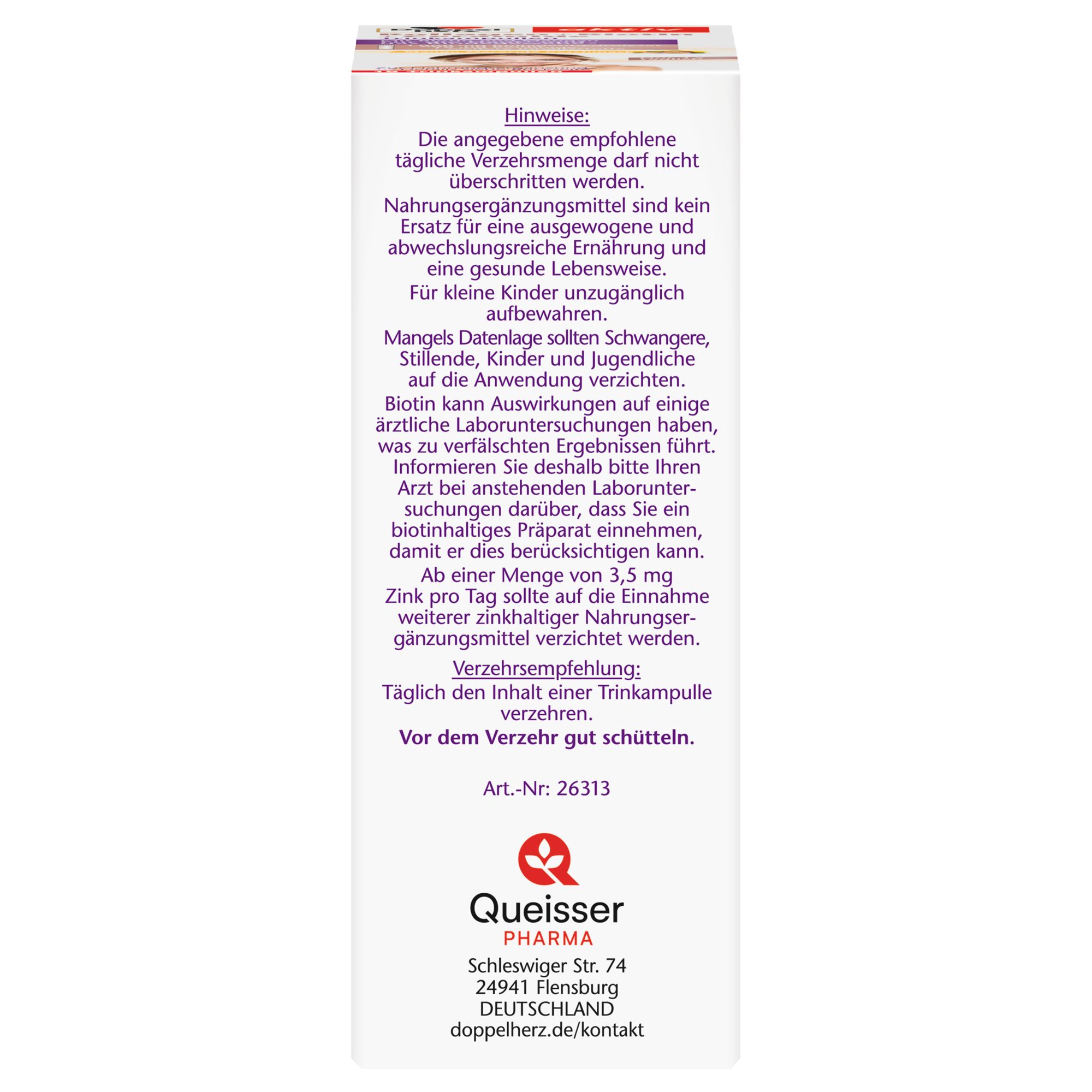 Packungsbeilage mit Hinweisen zur täglichen Verzehrmenge, Inhaltsstoffen und Anwendungshinweisen. Marke: Queisser Pharma.