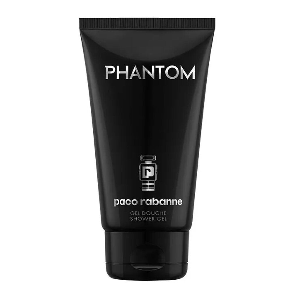 Schwarze Tube Paco Rabanne Phantom Duschgel. Logo und Schriftzug.