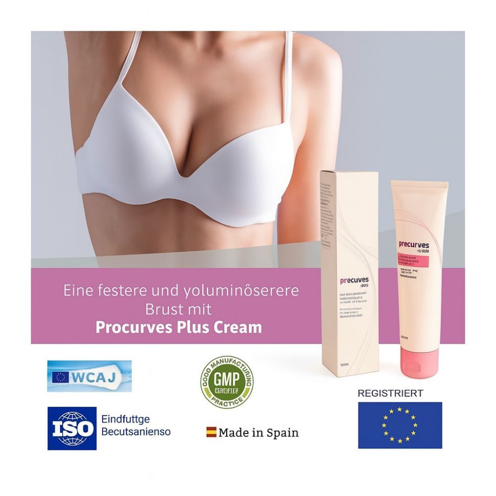 Produktverpackung mit Tube und Schachtel. Aufschrift: Procurves Plus Cream. Brustvergrößerung.