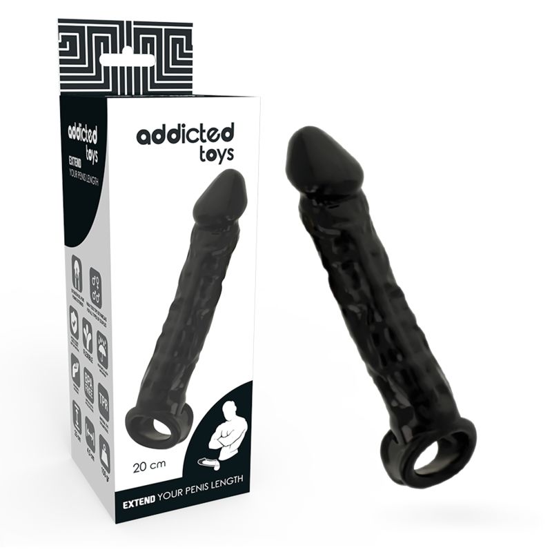 Produktabbildung: schwarzer Dildo und Verpackung mit Logo Addicted Toys. 20 cm.