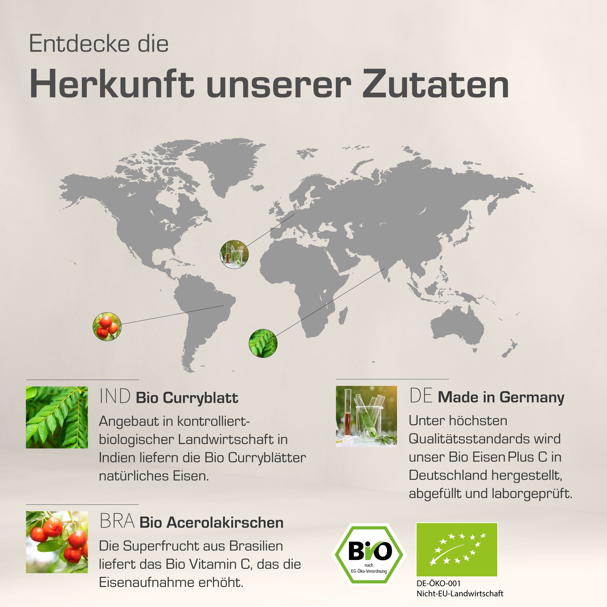 Weltkarte mit Herkunft der Zutaten. Bio Curryblatt aus Indien, Bio Acerola aus Brasilien.