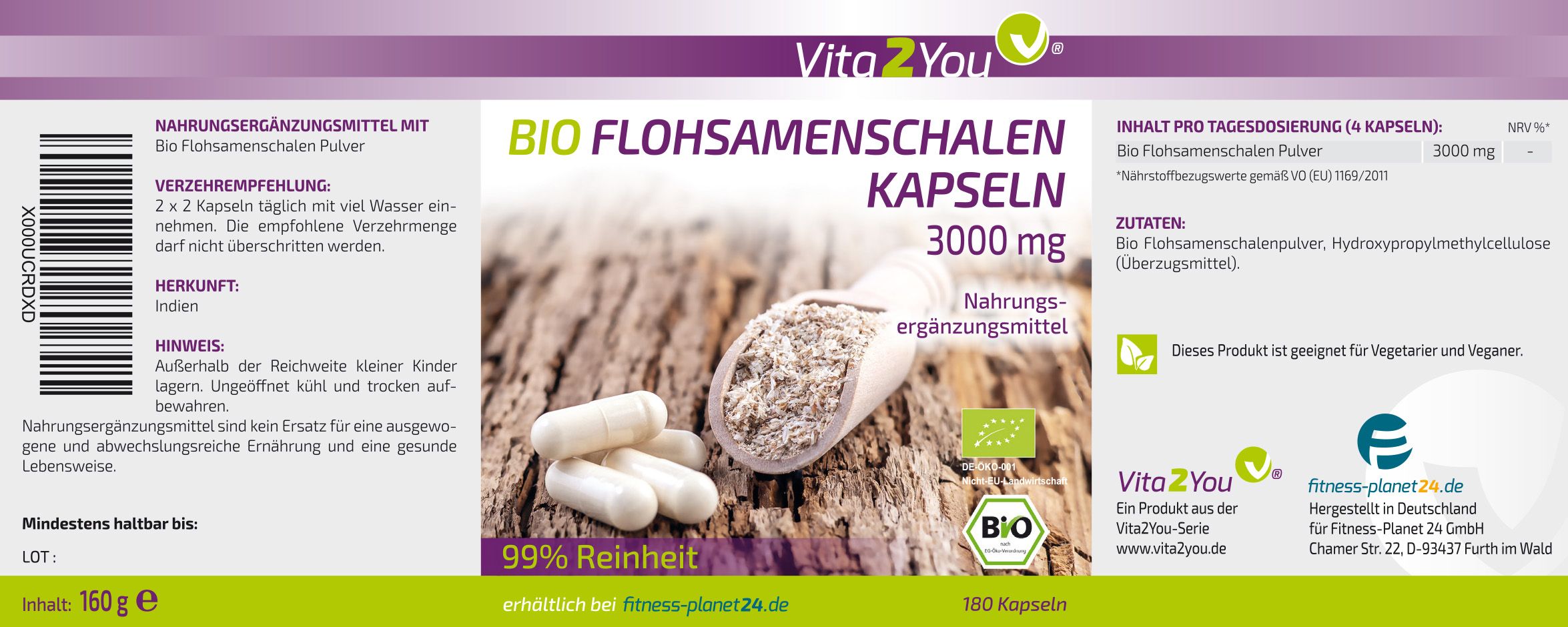 Etikett mit Text: Bio Flohsamenschalen Kapseln 3000 mg. Inhaltsstoffe, Verzehrempfehlung, Hinweis. Bio-Siegel. 180 Kapseln.