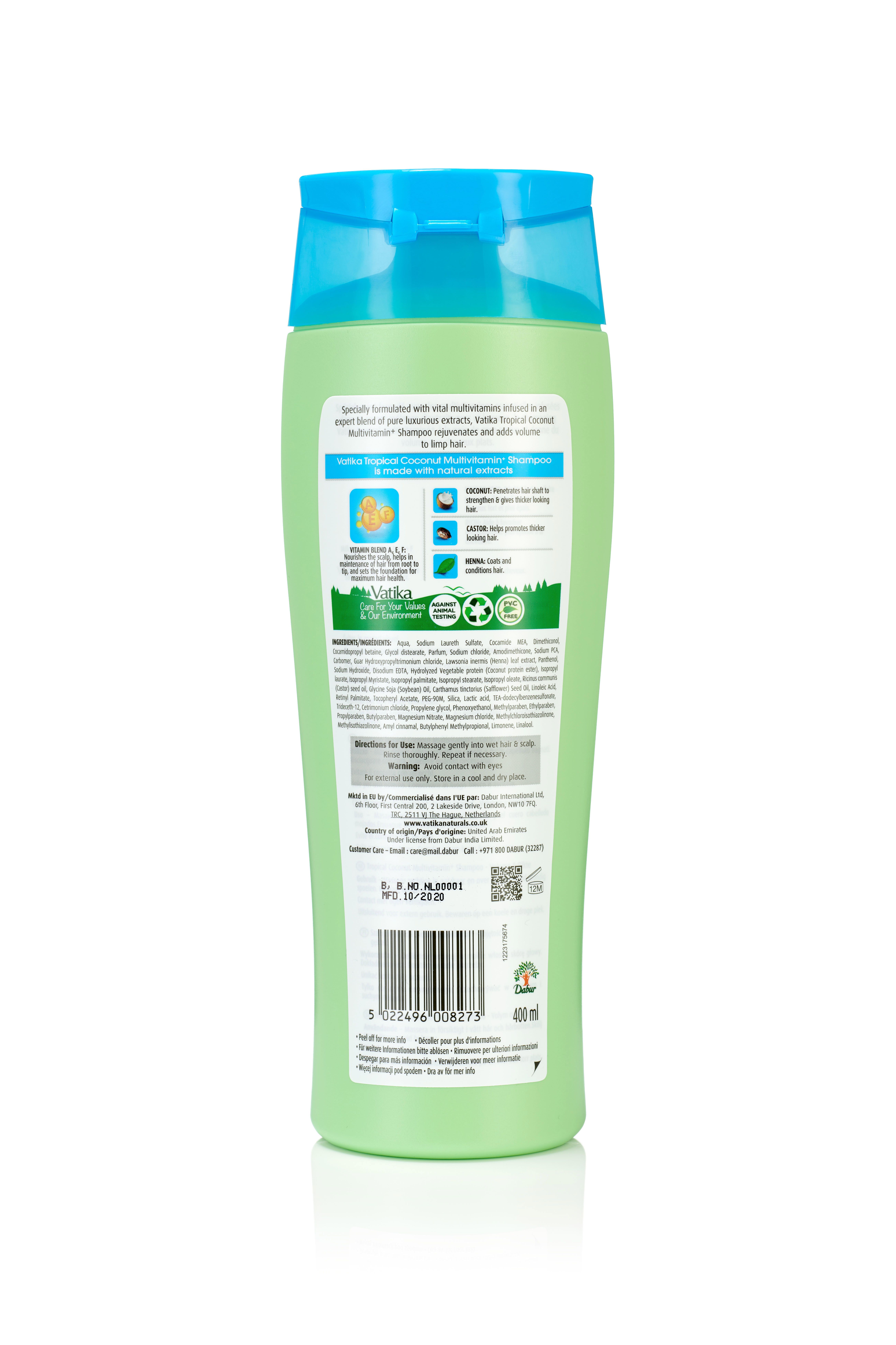 Rückseite einer grünen Shampoo-Flasche mit blauem Deckel. Text: Vatika Naturals Multivitamin Shampoo. Inhaltsstoffe, Recycling-Symbole.