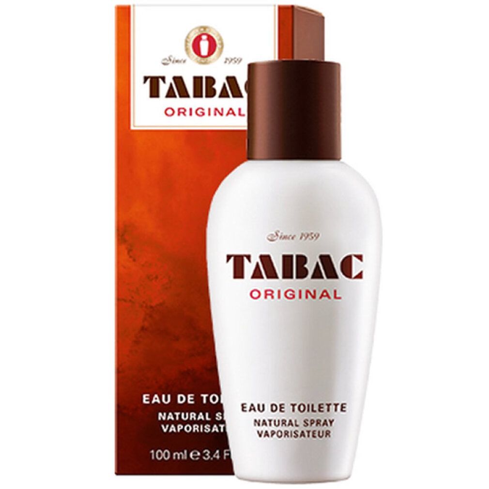 Weiße Flasche mit braunem Deckel und Verpackung. Tabac Original Schriftzug. Eau de Toilette Natural Spray Vaporisateur.