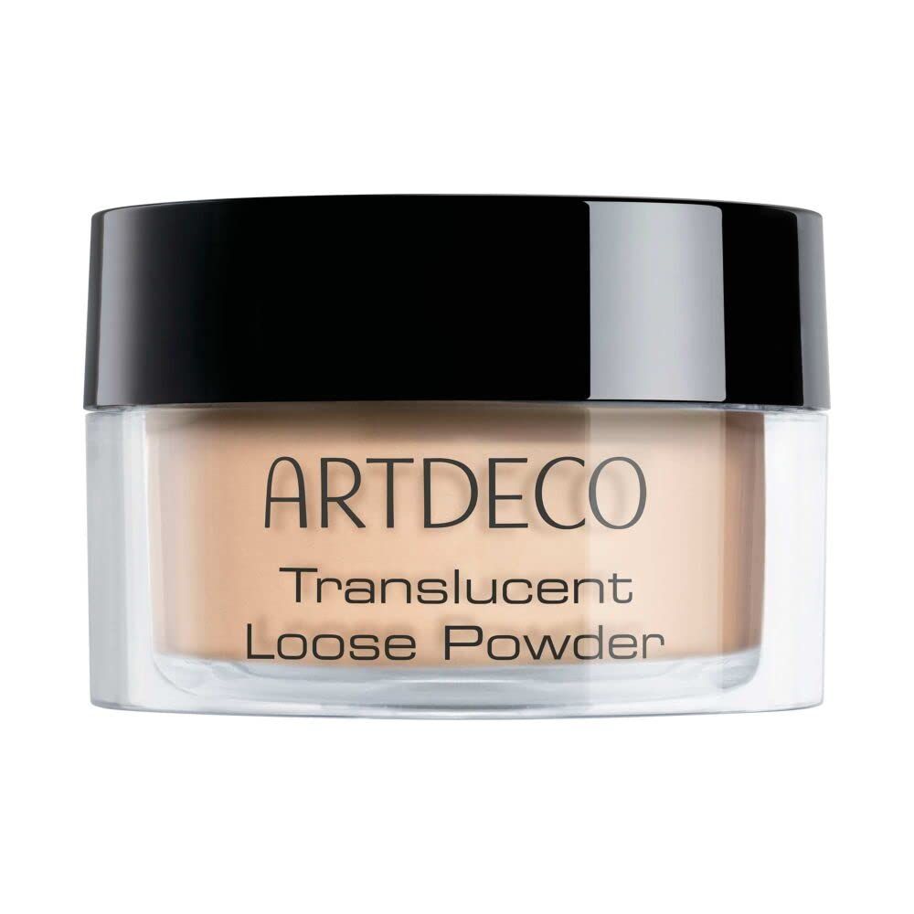 ARTDECO Translucent Loose Powder in einem transparenten Tiegel mit schwarzem Deckel.