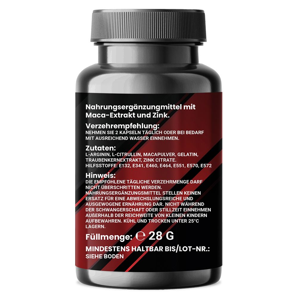 Rückseite einer schwarzen Flasche mit Kapseln. Text: Nahrungsergänzungsmittel mit Maca-Extrakt und Zink. Zutaten, Hinweise, Füllmenge: 28g, Mindestens haltbar bis.