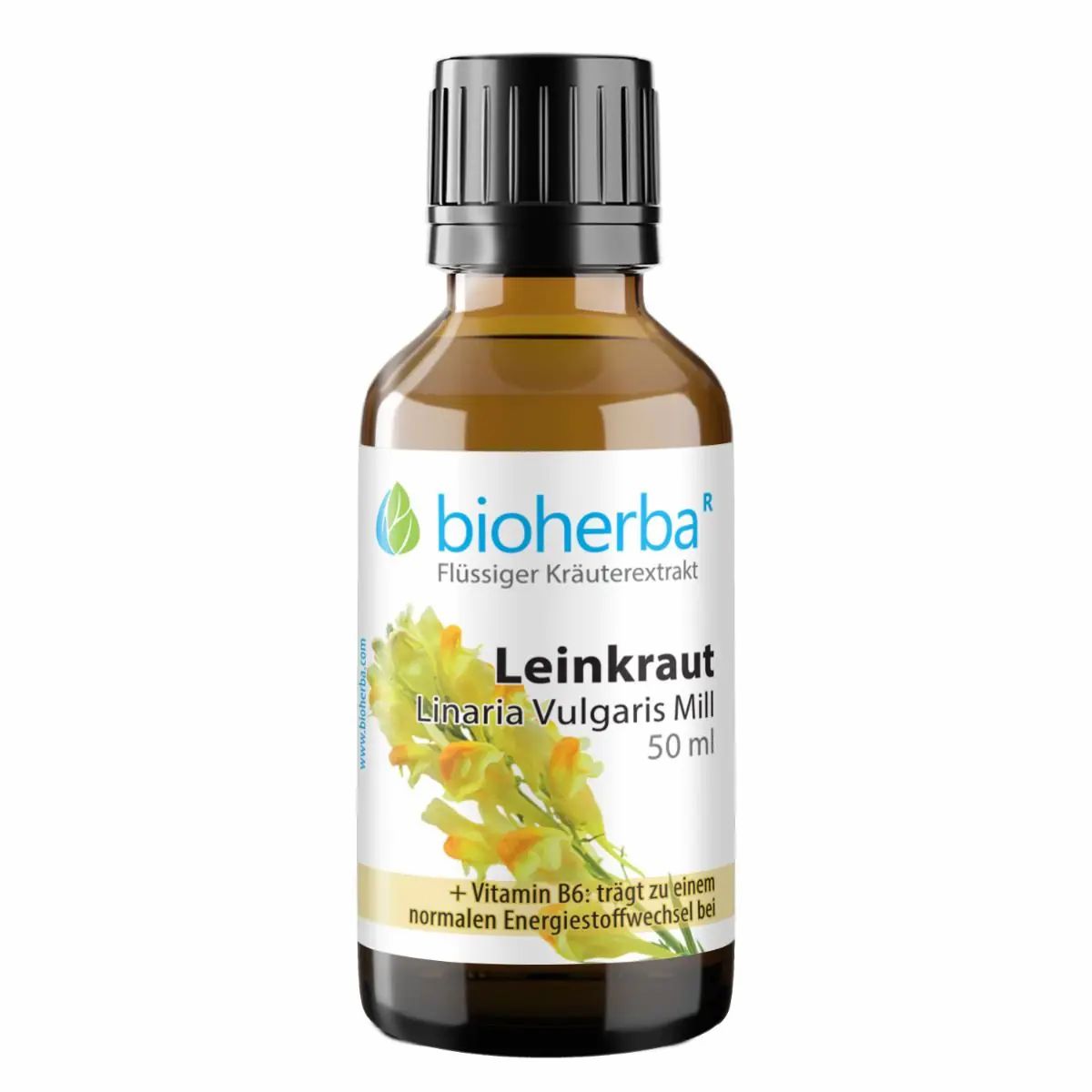 Braune Glasflasche mit schwarzem Deckel. Etikett mit Produktnamen, floraler Illustration und Text. Marke: Bioherba.