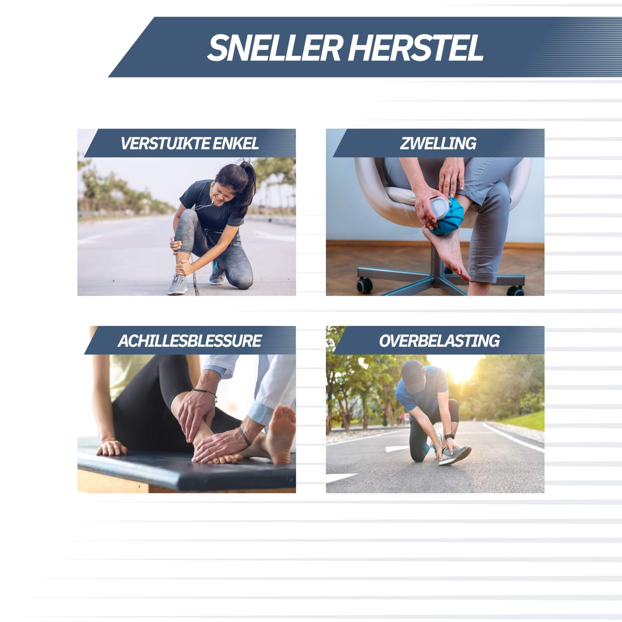 Vier Szenarien für Knöchelverletzungen: Verstauchung, Schwellung, Achillessehnenreizung, Überlastung.