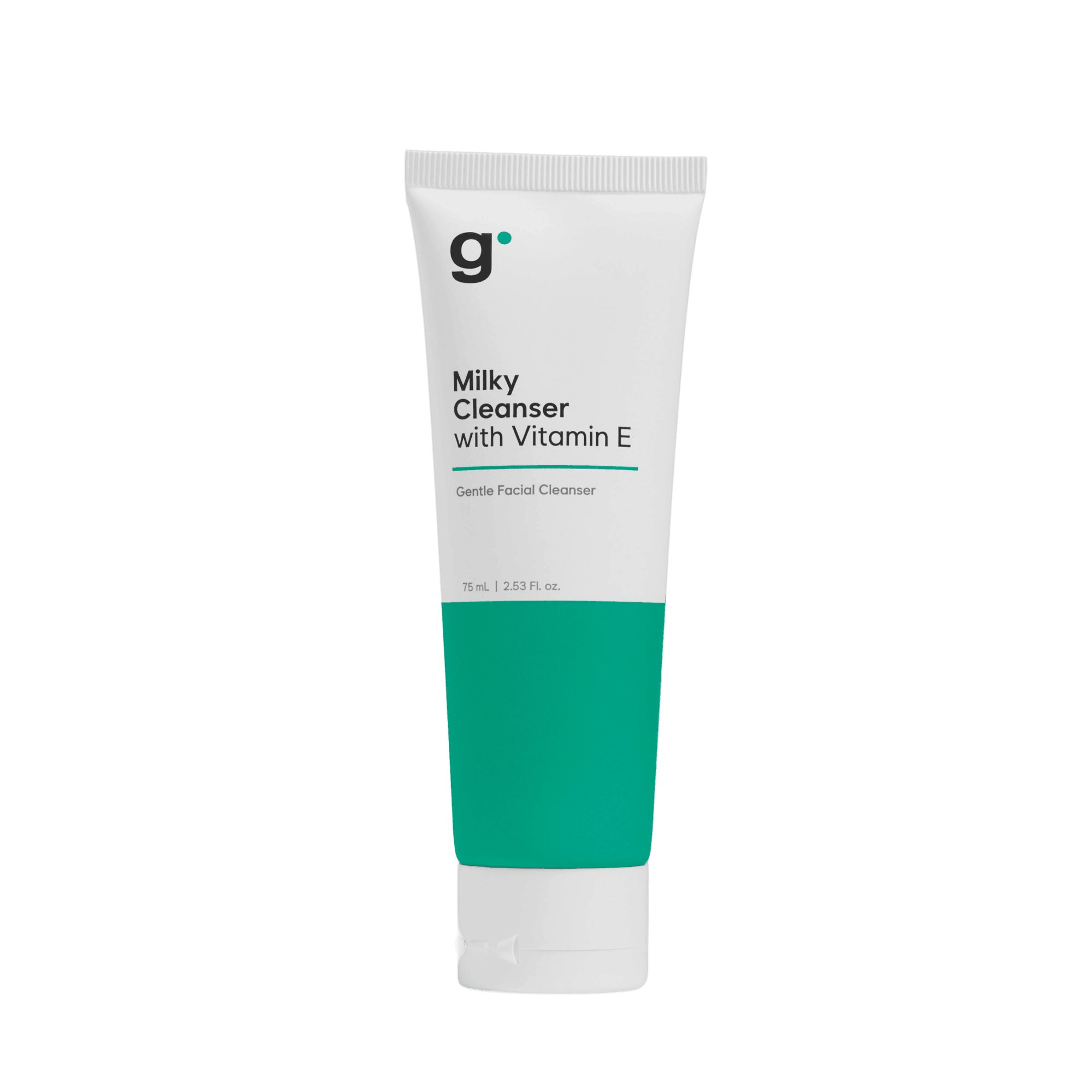 Tube mit "Milky Cleanser with Vitamin E". Weiß, grün und graue Schrift. "g" Logo. "Gentle Facial Cleanser".
