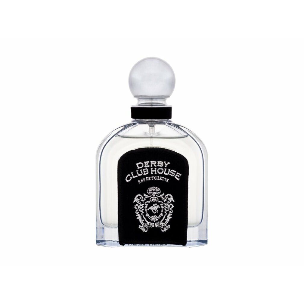 Transparenter Flakon von Derby Club House Eau de Toilette. Schwarzes Etikett mit weißem Logo. Transparenter Verschluss.