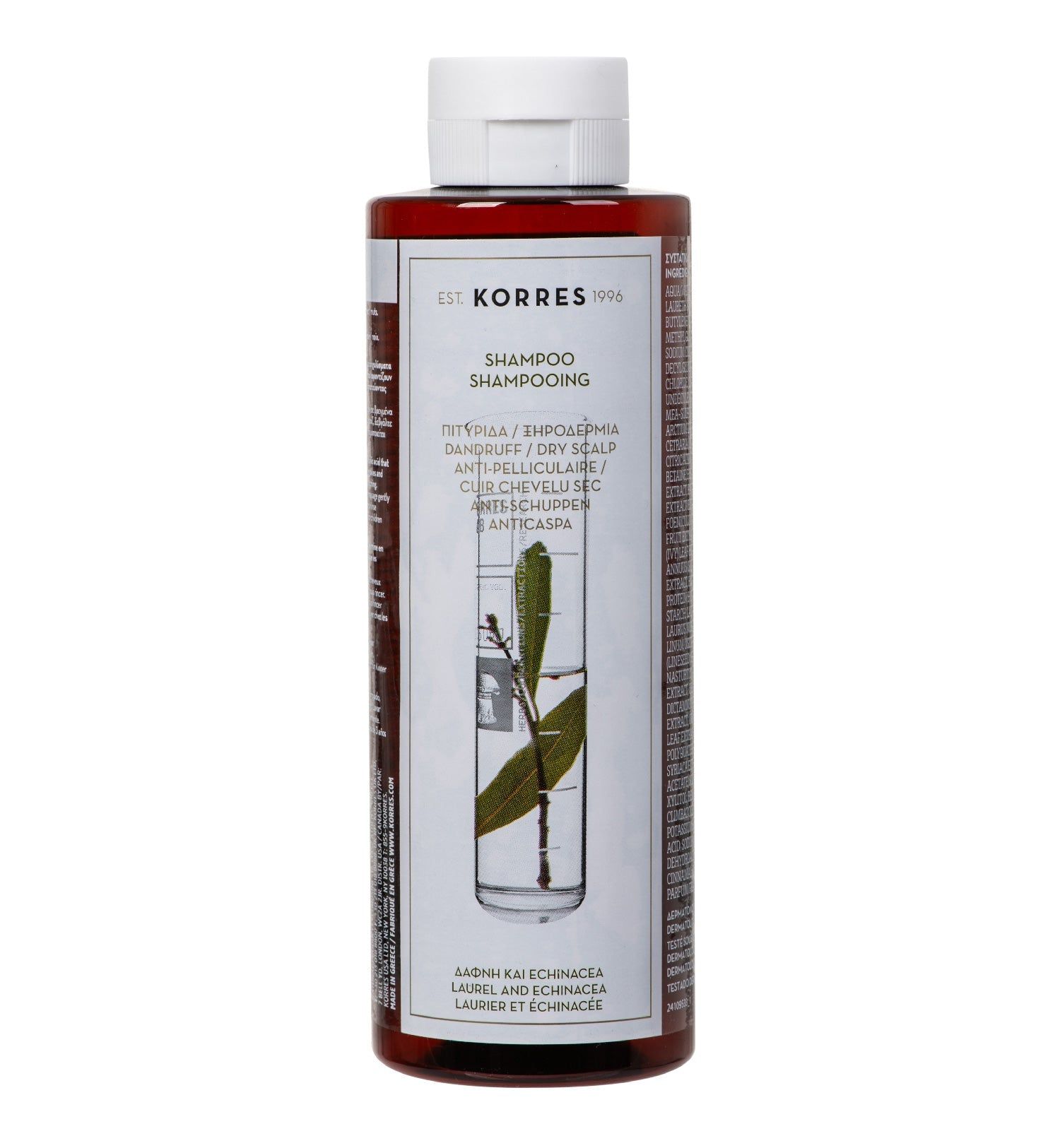 Shampoo-Flasche mit weißem Deckel. Etikett mit Zweig in Wasser. Text: KORRES, Laurel & Echinacea, Anti-Schuppen.