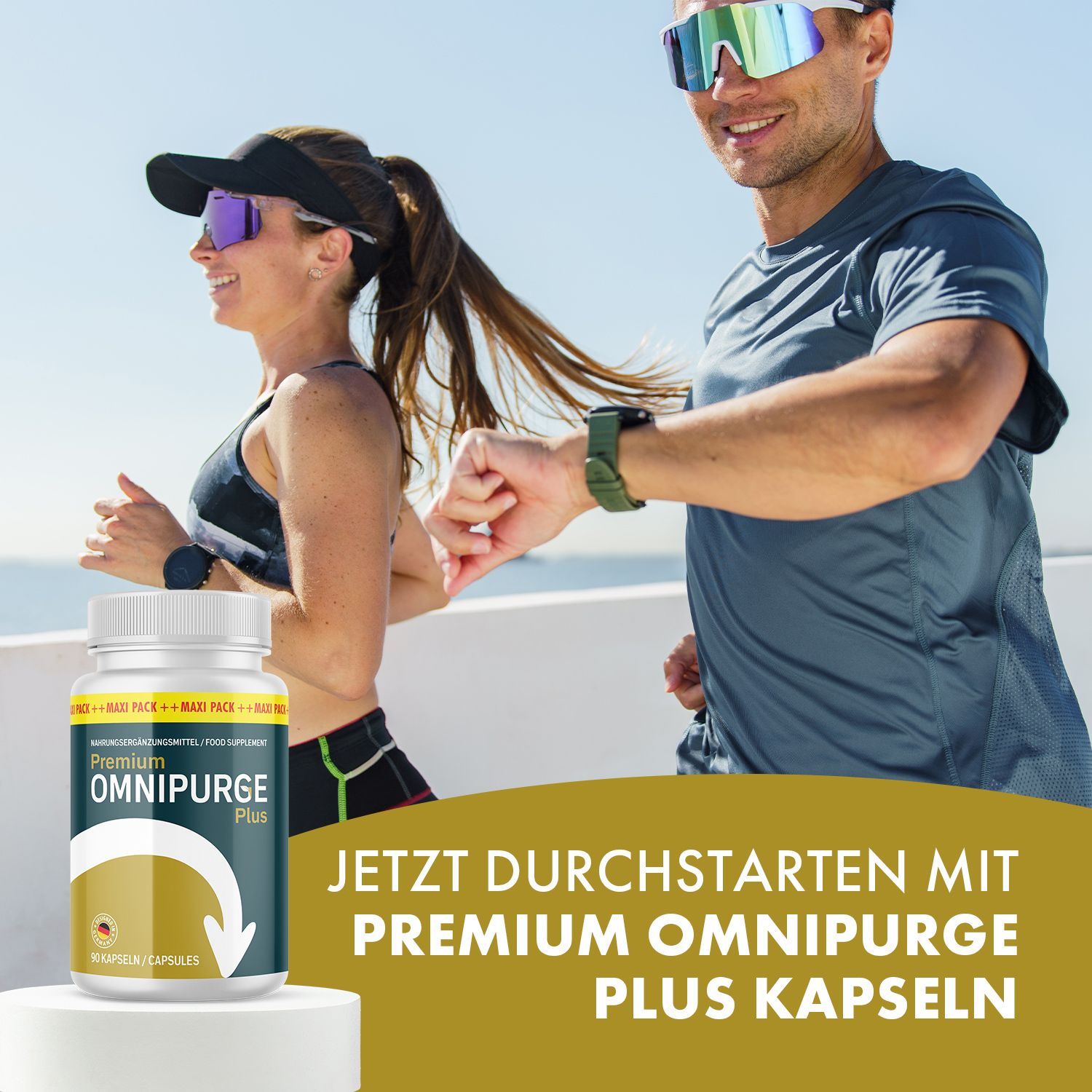 Läufer mit Dose Premium Omnipurge Plus Kapseln, Text: 'Jetzt durchstarten'.