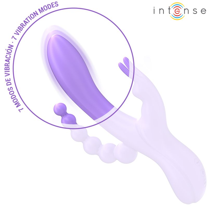 Lila Vibrator mit Kaninchen- und Stimulator-Design. 7 Vibrationsmodi. Marke: Intense.
