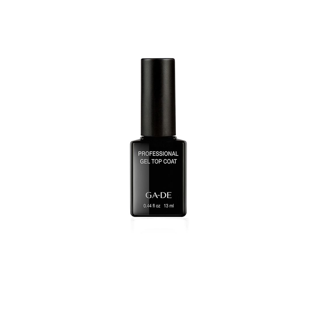 Schwarze Flasche mit schwarzem Deckel. Aufschrift: Professional Gel Top Coat, GA-DE. Inhalt: 13 ml.