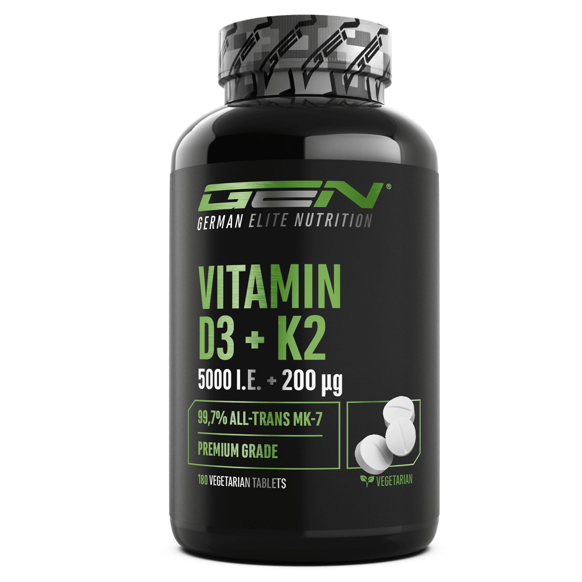 GEN Vitamin D3 + K2 Flasche mit Tabletten. Schwarze Flasche mit Produktinformationen. Tabletten daneben.