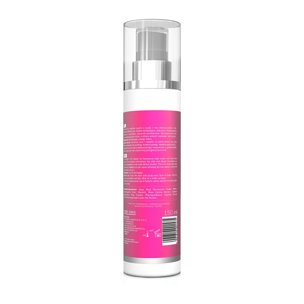 Rückseite der Gesichtsspray-Flasche. Rosa Etikett mit Text und Barcode. Enthält Informationen über das Produkt.