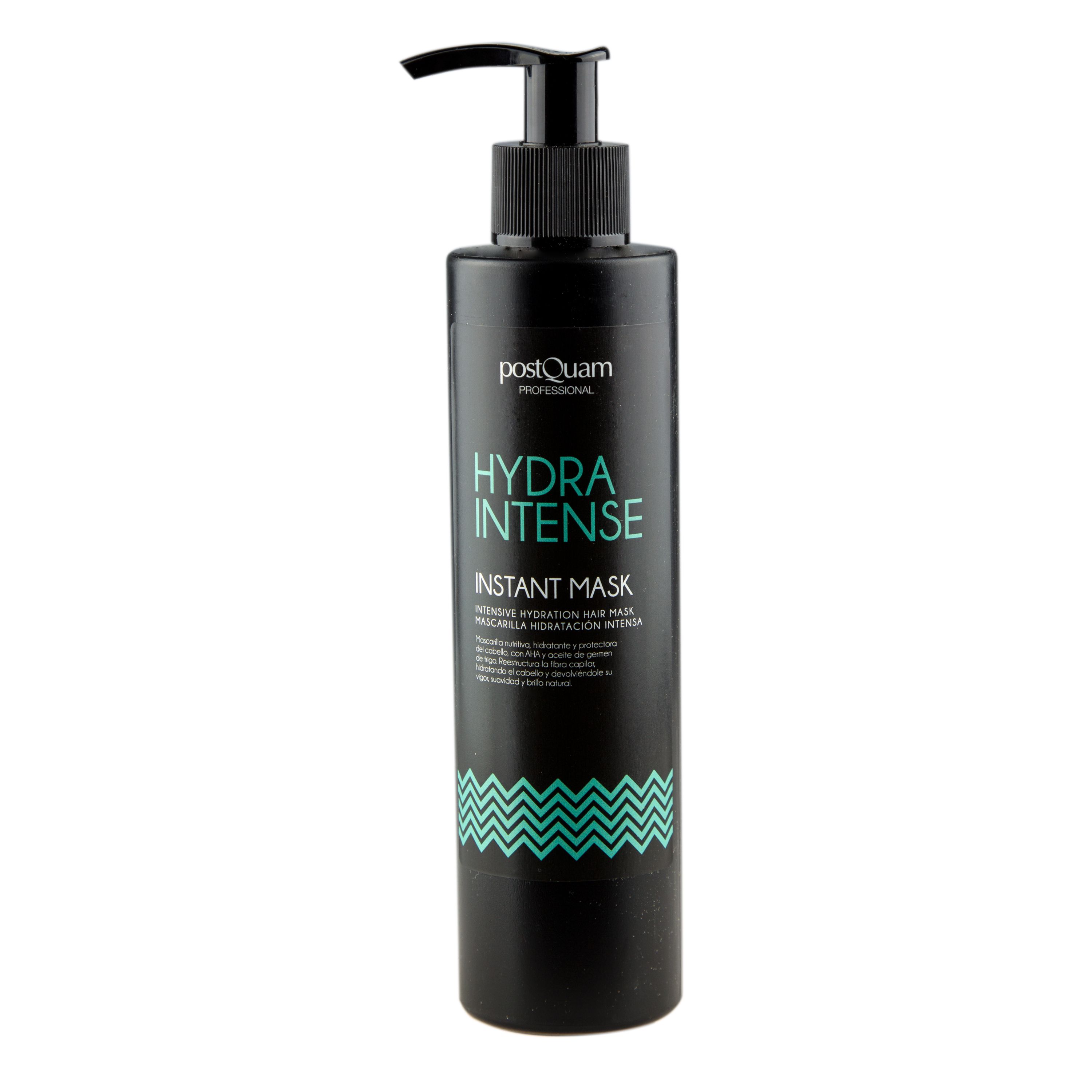 Schwarze Flasche mit Pumpe. Aufschrift: Hydra Intense Instant Mask. Türkisgrünes Zickzackmuster. Marke: postQuam Professional.