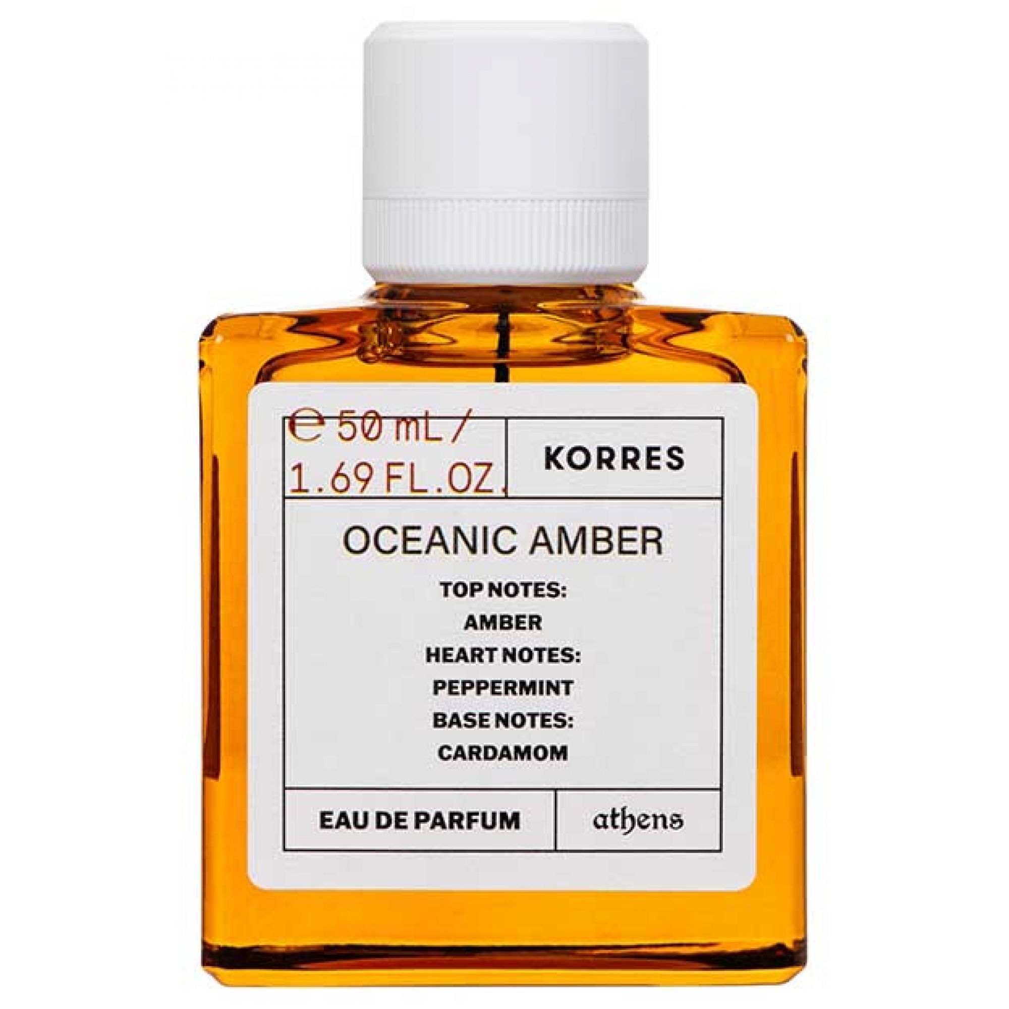 Korres Eau de Parfum Oceanic Amber Flakon mit 50 ml Inhalt. Bernstein-farbene Flüssigkeit mit weißem Verschluss.