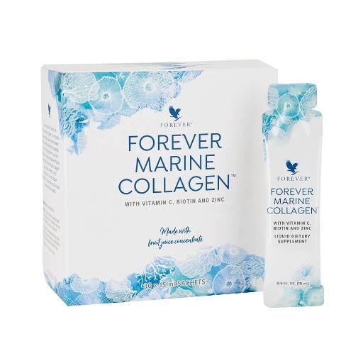 Produktverpackung und Einzelbeutel. Aufschrift: Forever Marine Collagen. Mit Vitamin C, Biotin und Zink. Einzelbeutel mit Produktname.