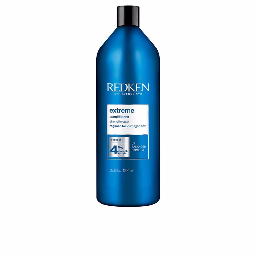 Blaue Flasche Redken Extreme Conditioner. Schwarzer Deckel. Text: Extreme, Conditioner, 33.8 fl oz, 1000 ml.