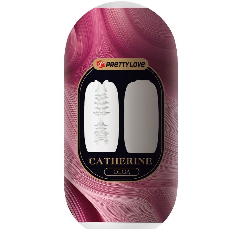 Verpackung mit Produktabbildung. Logo Pretty Love. Produktname Catherine Olga. Hintergrund rosa.