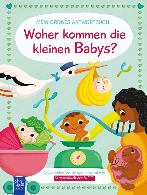 Buchcover: "Mein großes Antwortbuch - Woher kommen die kleinen Babys?" Illustrationen: Storch, Baby, Waage, Schwangere. Klappenbuch der Welt.