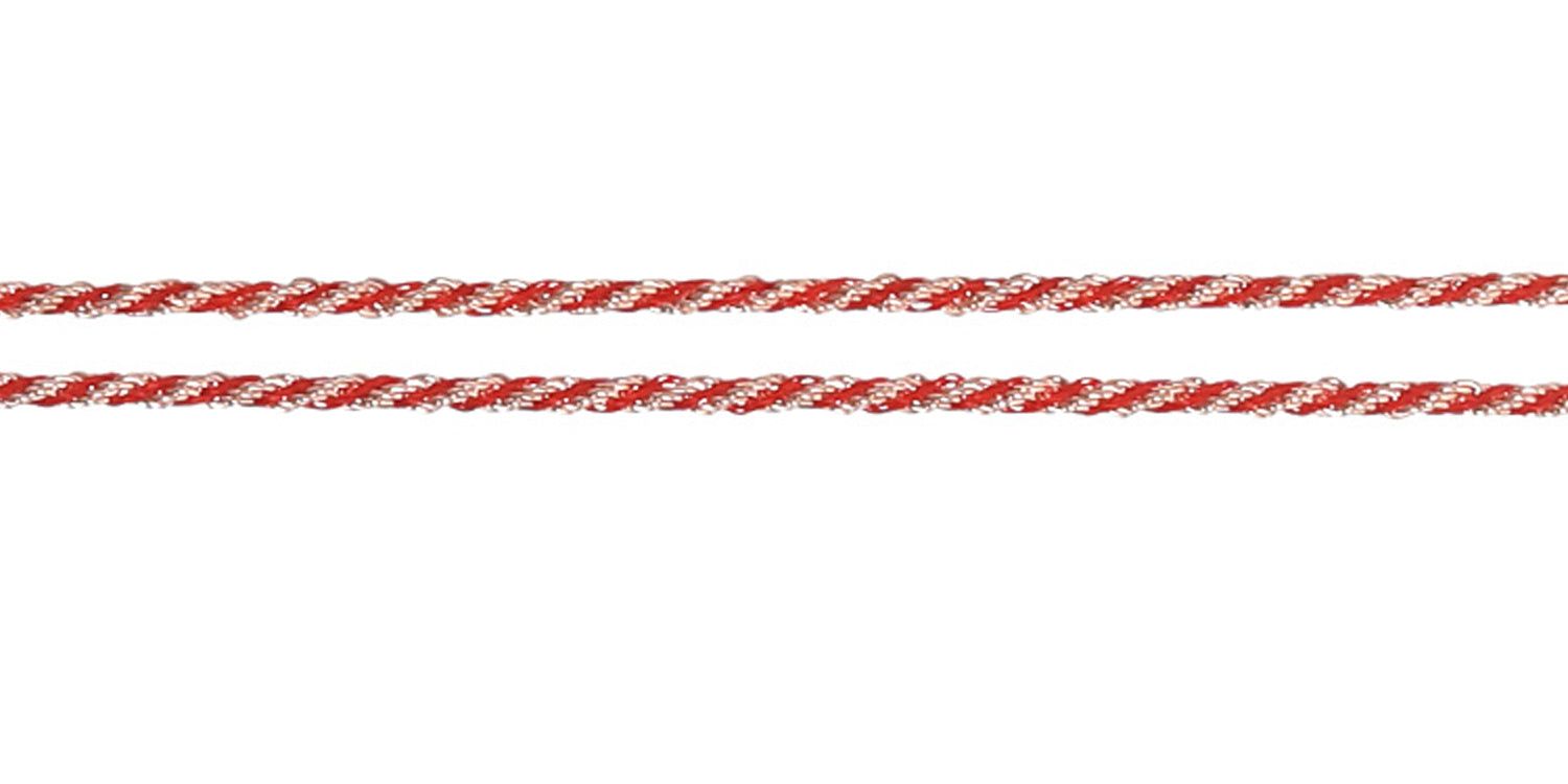 Zwei parallel verlaufende Brillenkettenschnüre, rot-weiß geflochten, auf weißem Hintergrund. Keine weiteren Details sichtbar.