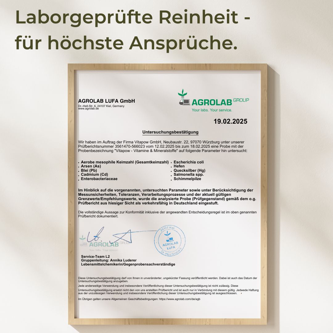 Zertifikat von AGROLAB LUFA GmbH. Bestätigung der Prüfung von Vitapow. Unterschriften und Stempel.