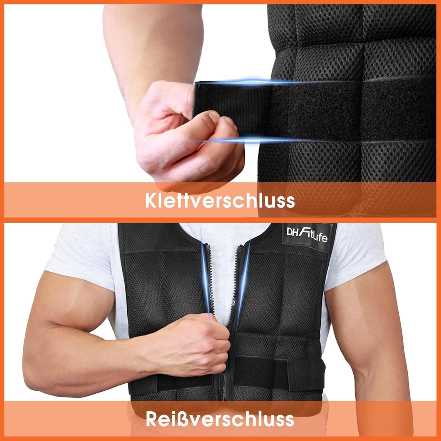 Detailansichten der DH FitLife Gewichtsweste: Klett- und Reißverschluss.