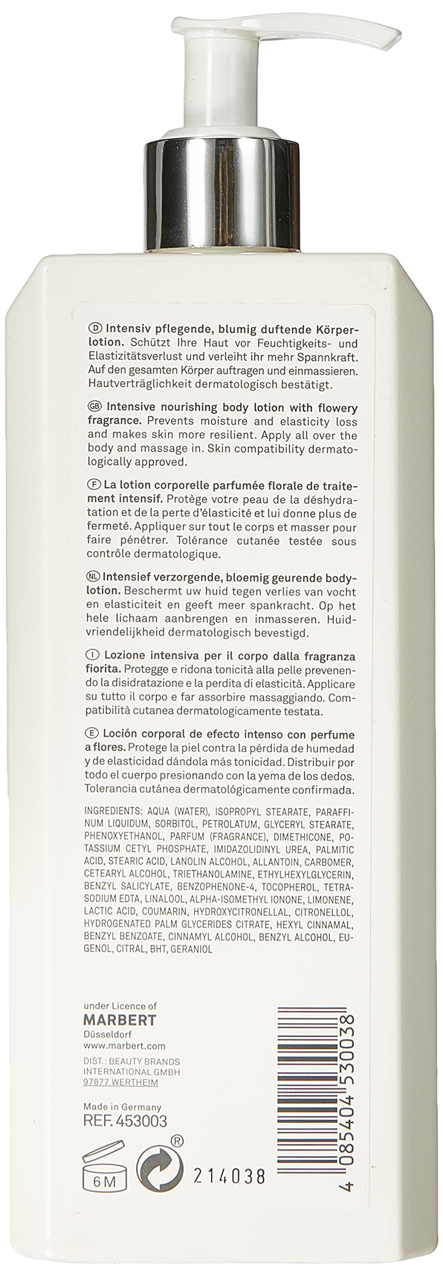 Rückseite einer weißen Flasche. Text in mehreren Sprachen: Inhaltsstoffe, Anwendungshinweise, Markeninformationen.