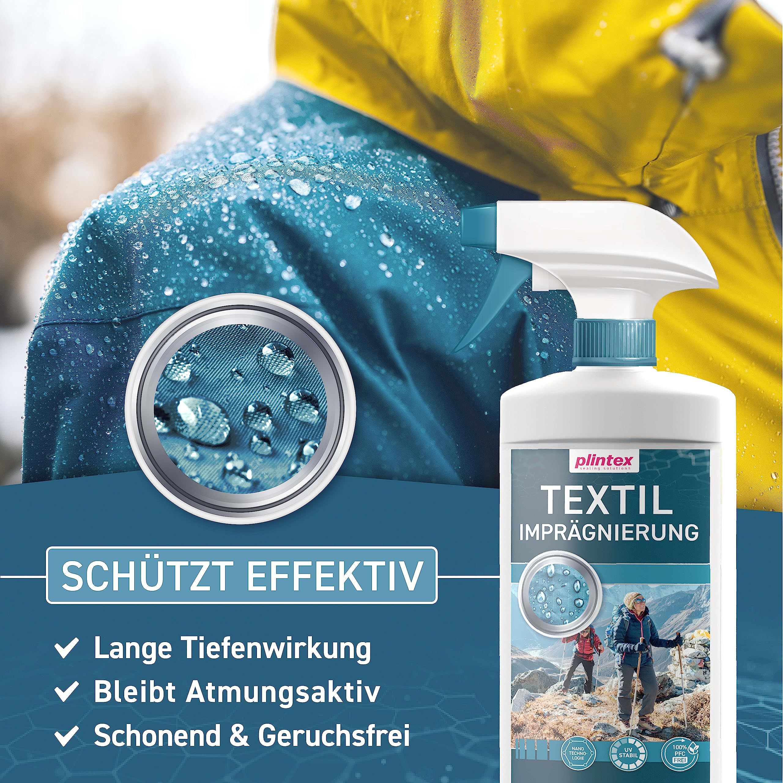 Sprühflasche PLINTEX Textil Imprägnierspray neben gelber Jacke mit Wassertropfen. Text: Schützt effektiv, lange Tiefenwirkung, atmungsaktiv, geruchsfrei.
