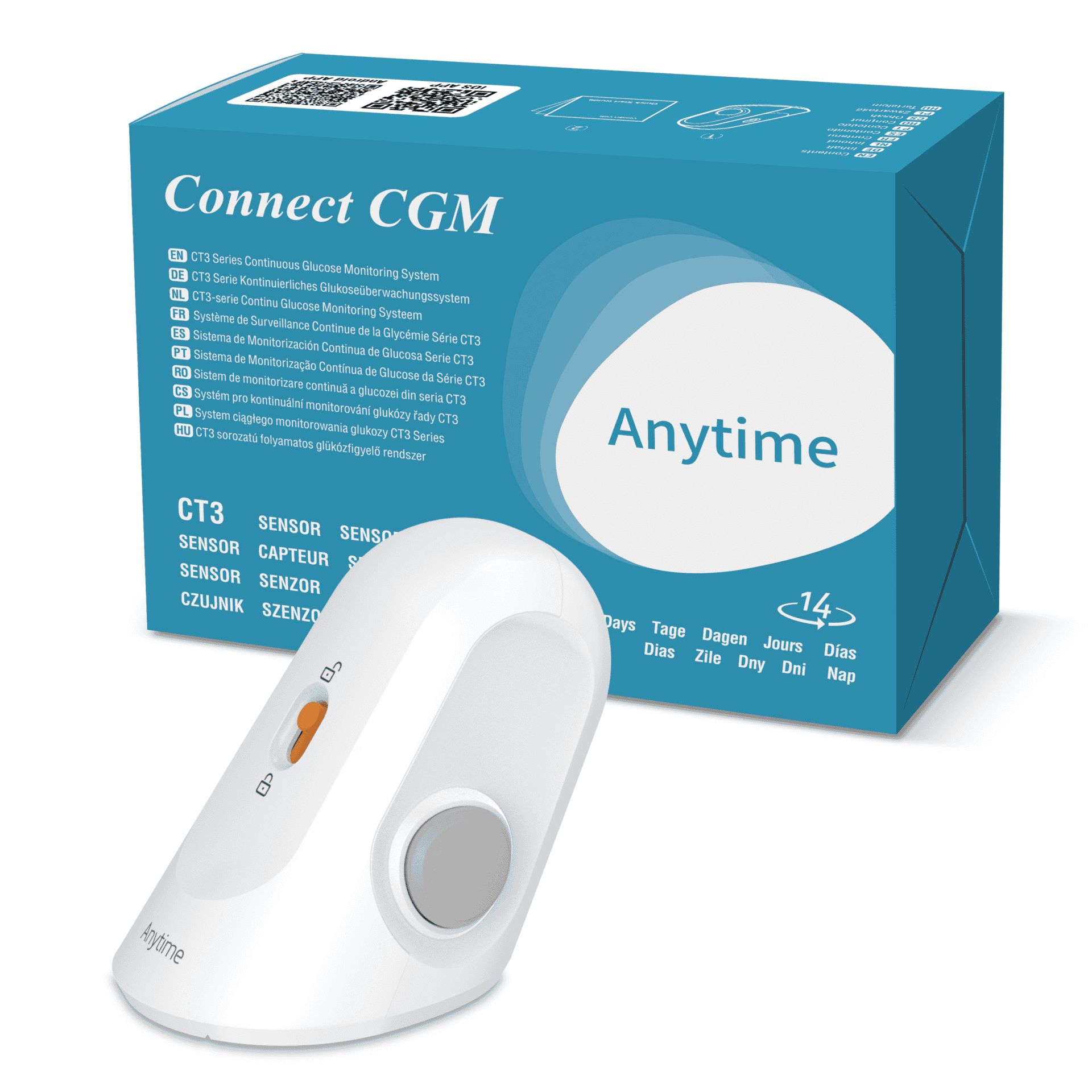 FORA Connect CGM Sensor: Weißer Glukosesensor mit orangefarbenem Schalter und grauer Taste. Blaue Verpackung mit Produktnamen und Merkmalen.