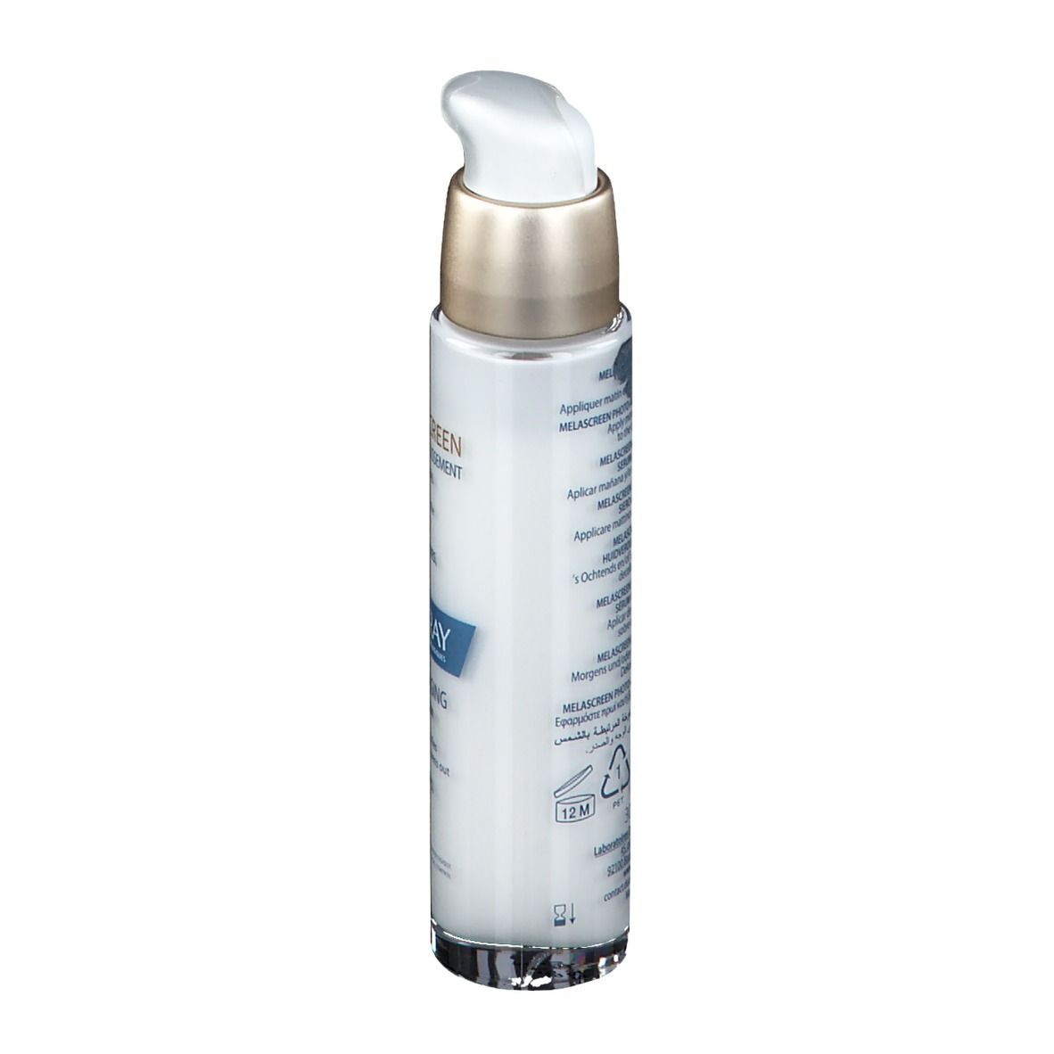 Weiße Flasche mit Pumpe. Aufschrift: MELASCREEN, Photoaging Serum. Goldfarbener Verschluss.
