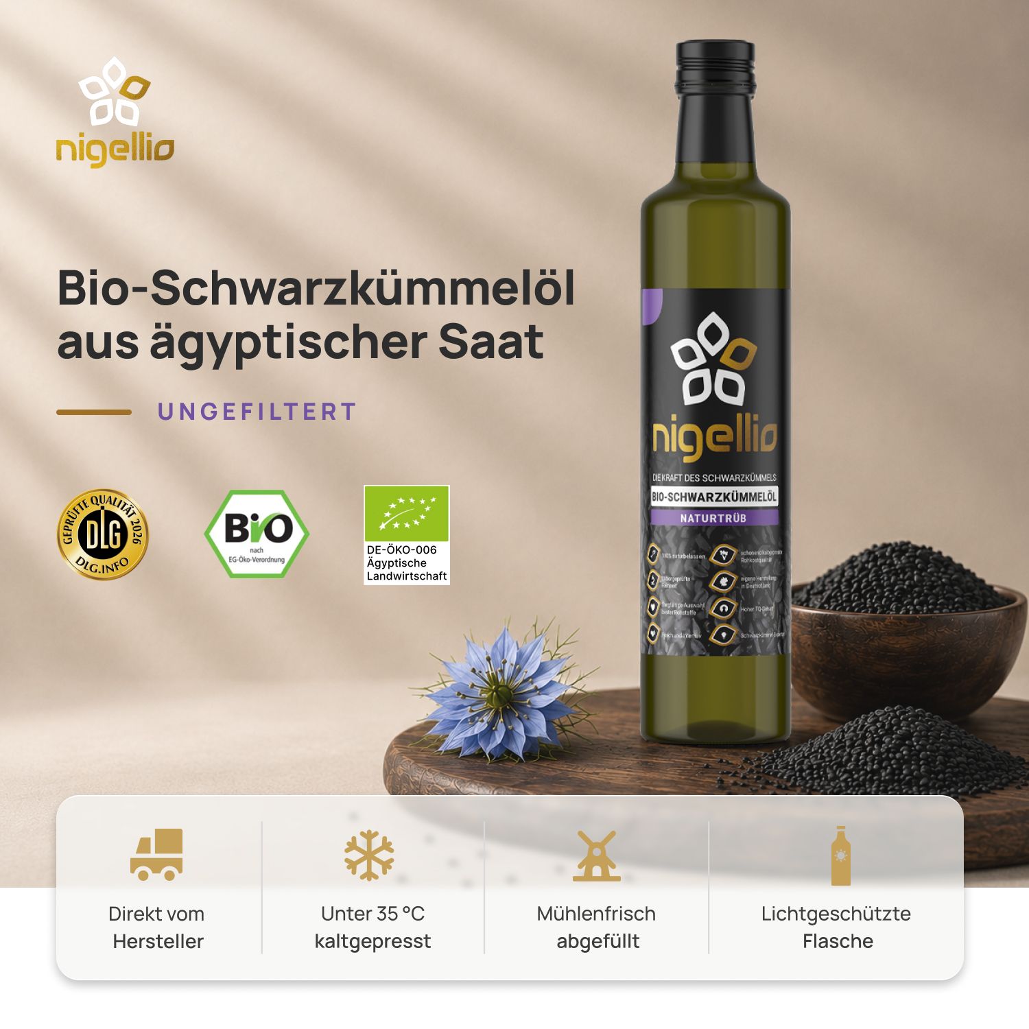 Nigellio Bio-Schwarzkümmelöl ungefiltert kaltgepresst aus ägyptischer Nigella sativa
