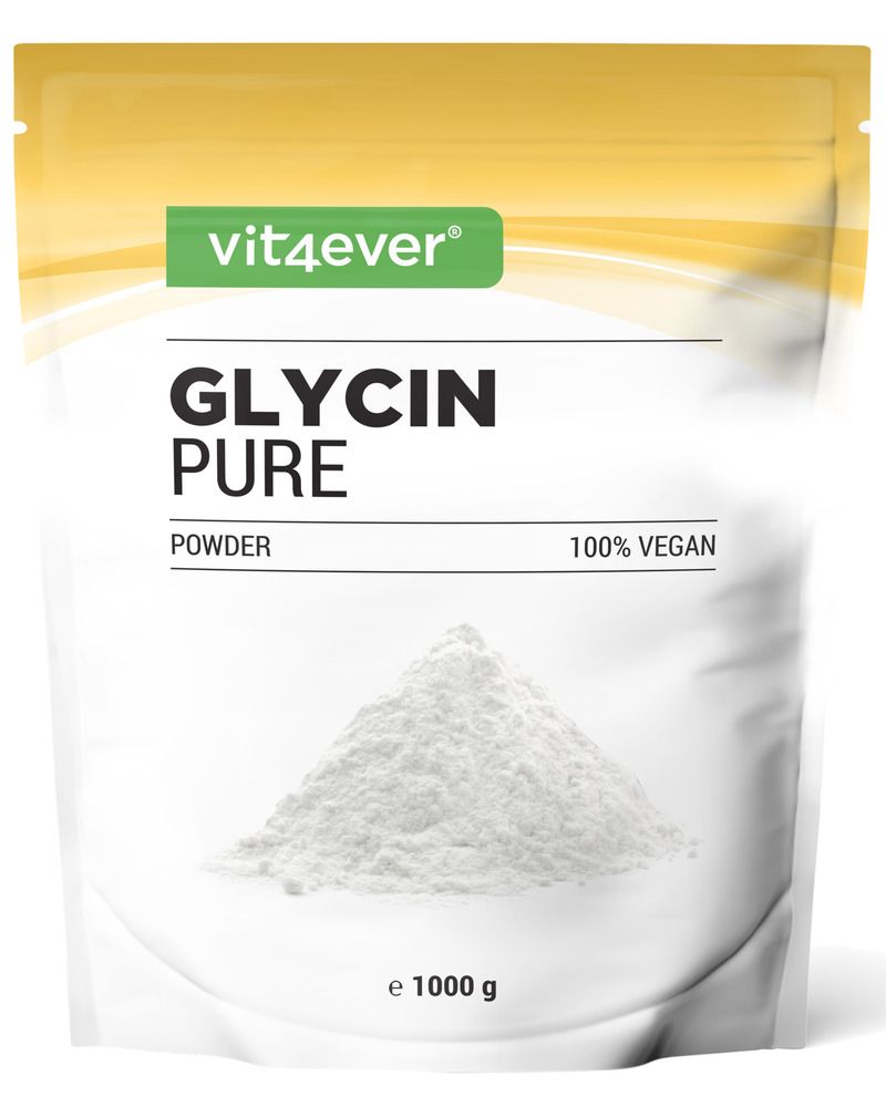 Beutel mit weißem Pulver. Aufschrift: GLYCIN PURE, POWDER, 100% VEGAN. Marke: vit4ever. Unten: e 1000 g.