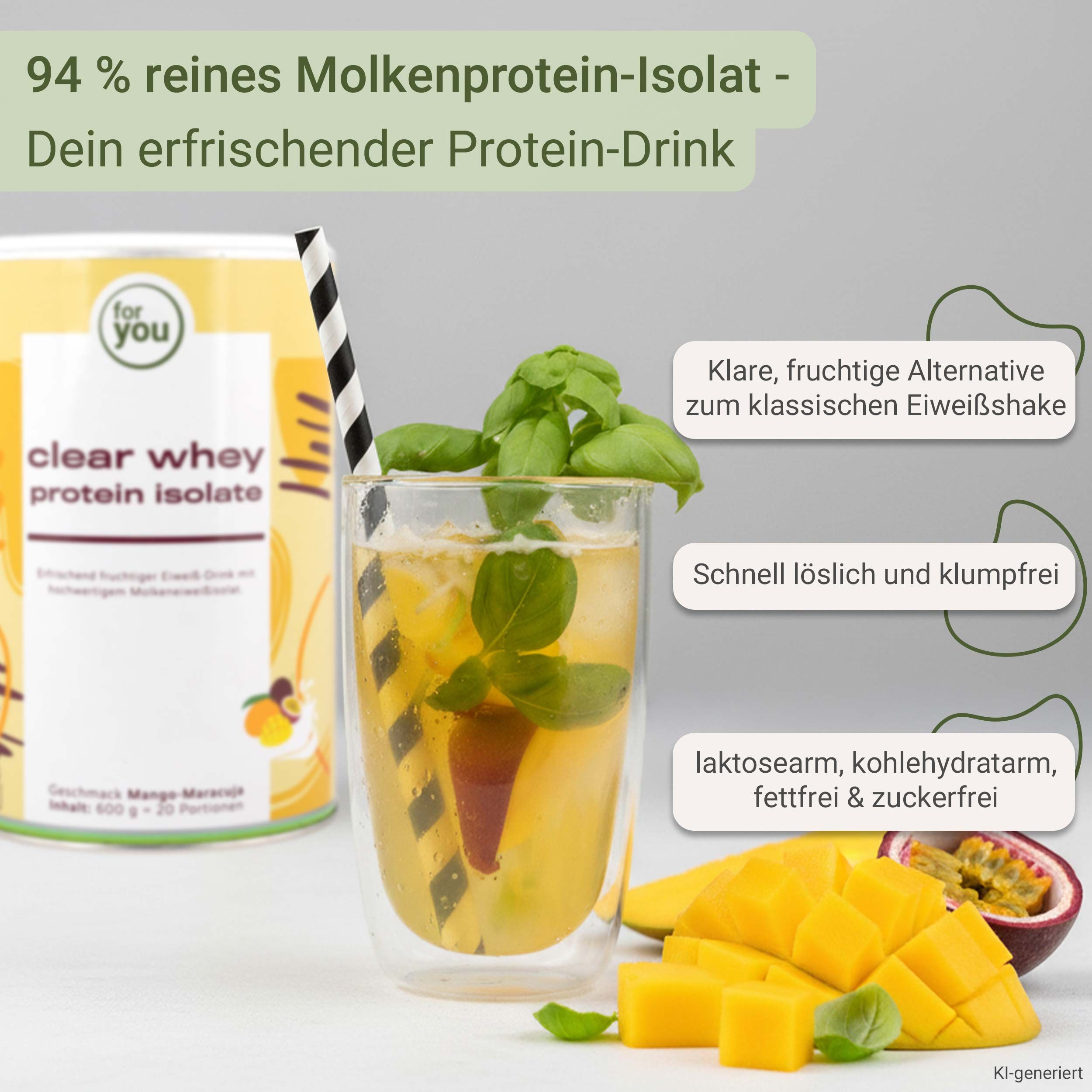 Dose "clear whey protein isolate" neben einem Glas mit Protein-Drink, garniert mit Basilikum und Fruchtstücken.