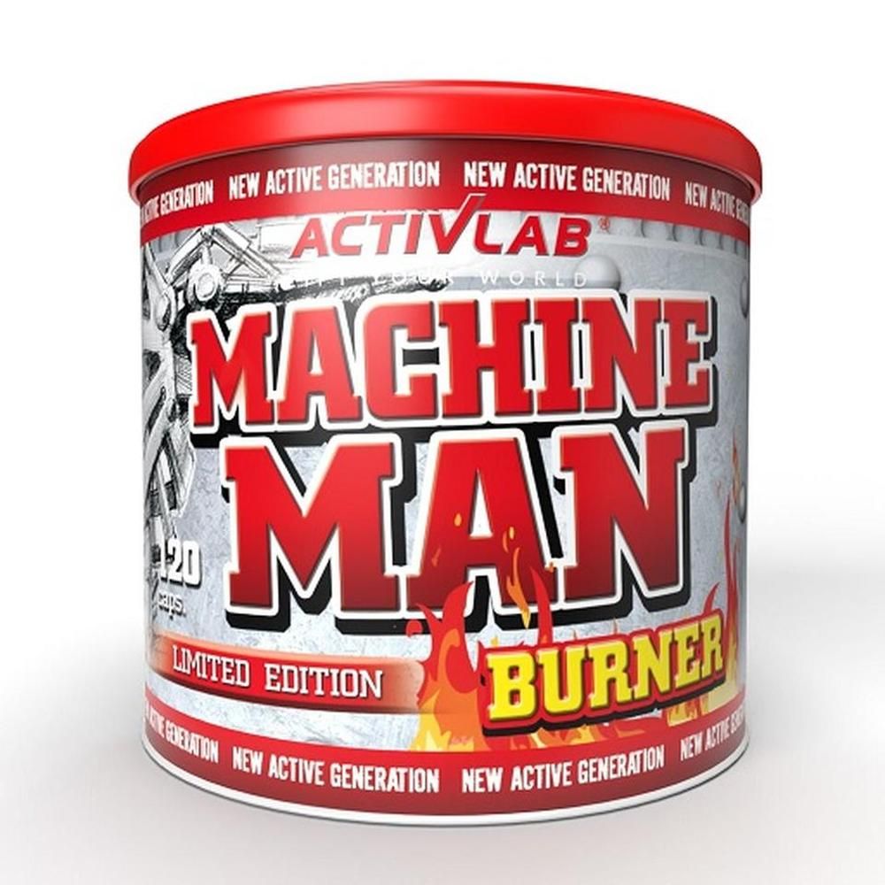 Runde Dose mit rotem Deckel. Aufschrift "Activlab Machine Man Burner" in Rot und Weiß. "Limited Edition" darunter.