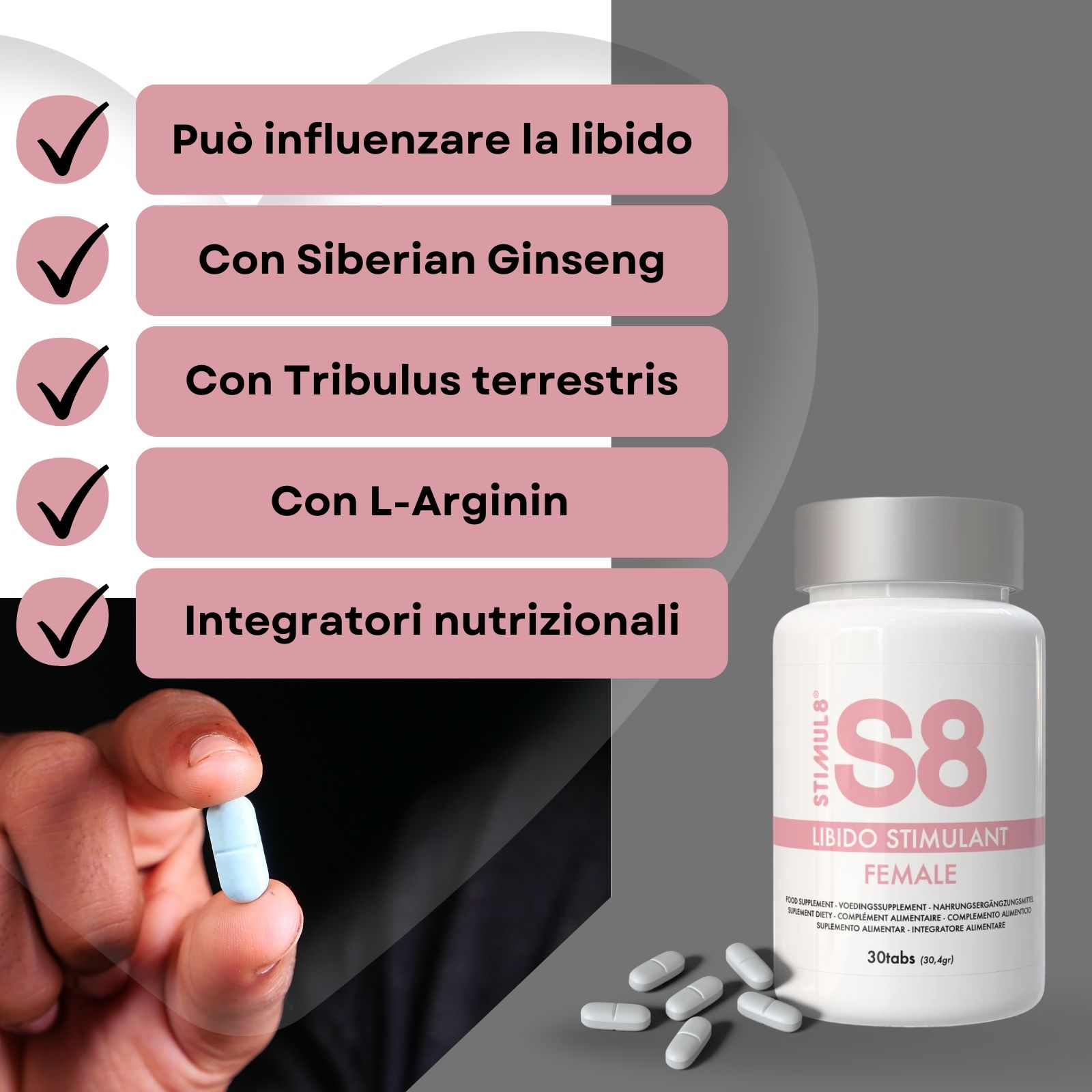 Flacone S8 accanto a liste puntate. Una compressa tenuta in mano. Contiene Ginseng siberiano e L-Arginina.
