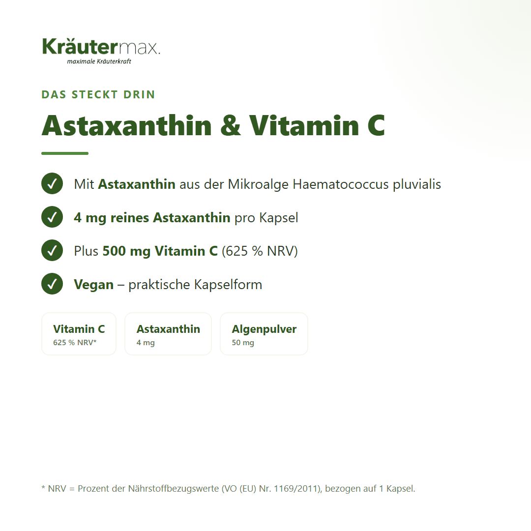 Zutatenübersicht: Astaxanthin & Vitamin C Kapseln mit 4mg Astaxanthin und 500mg Vitamin C pro Kapsel. Vegan.
