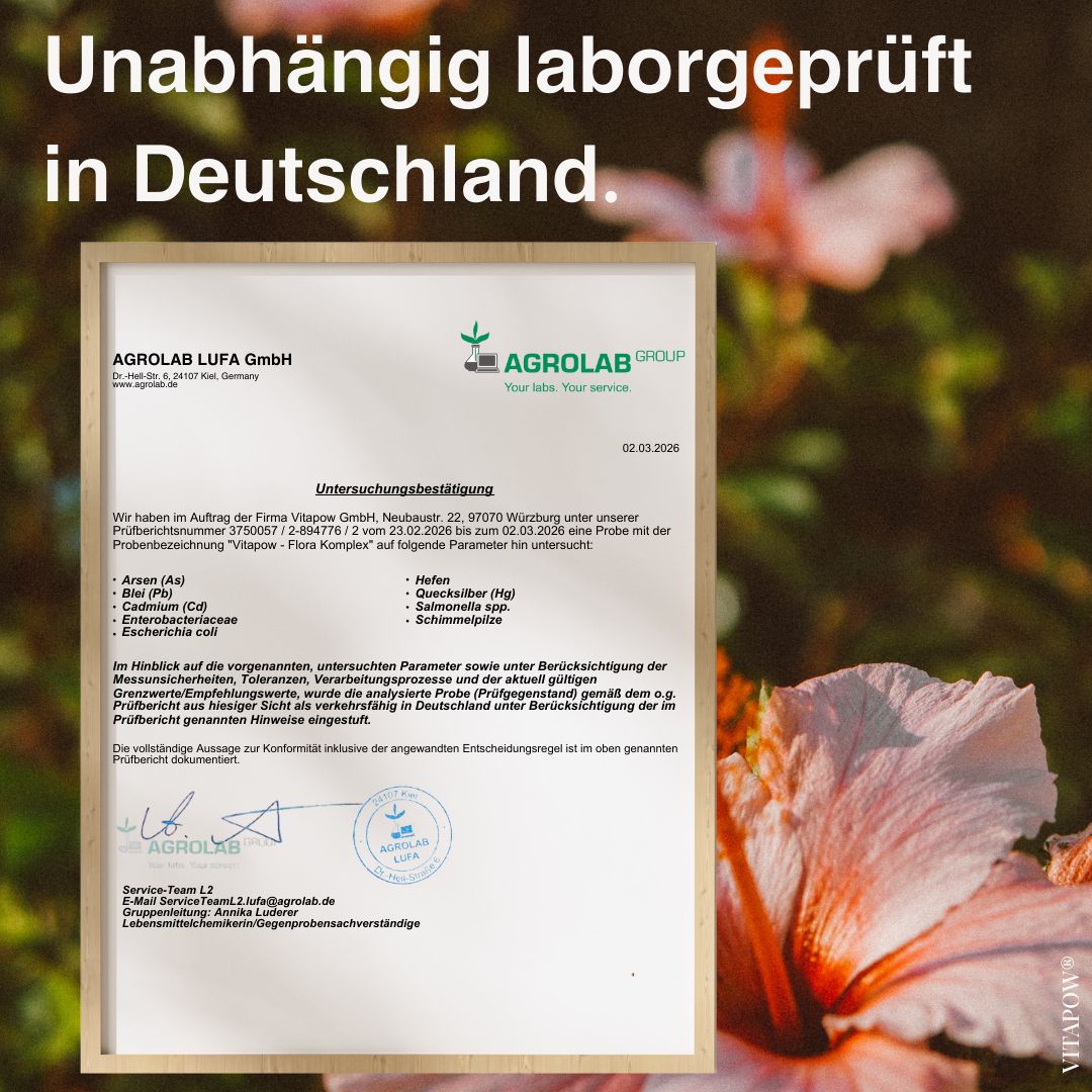Zertifikat von Agrolab LUFA GmbH. Text: Untersuchungsergebnis, Flora Komplex, geprüft in Deutschland.