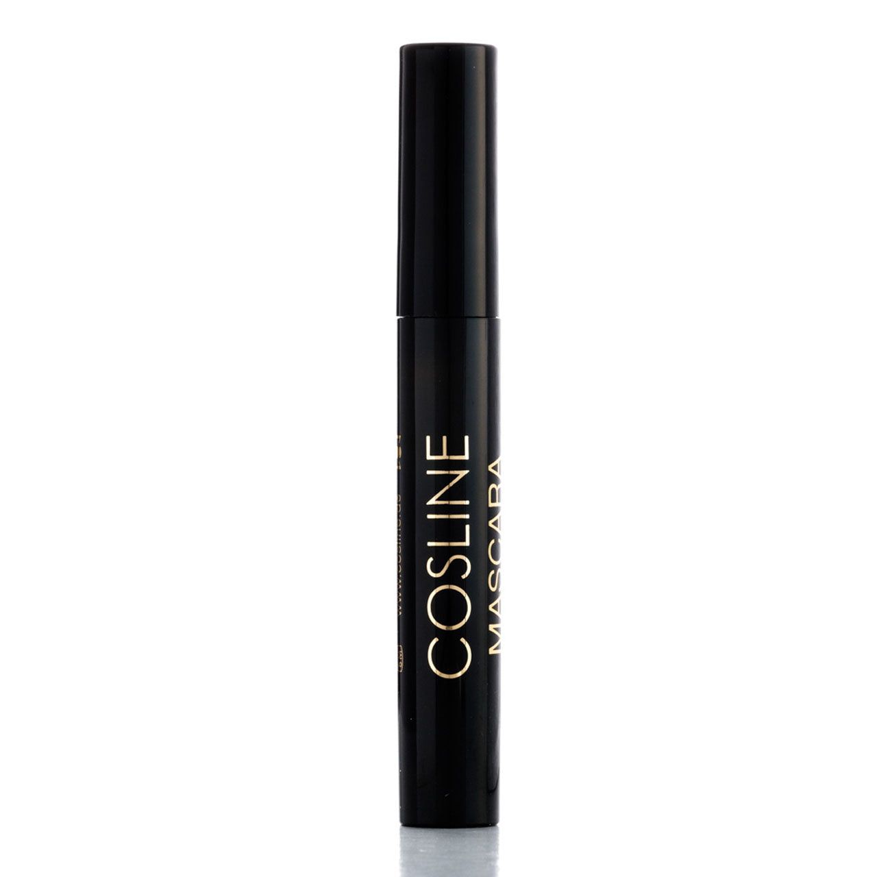 Schwarze Mascara-Tube. Aufschrift: Cosline Mascara. Goldfarbene Schrift. Geschlossener Deckel.
