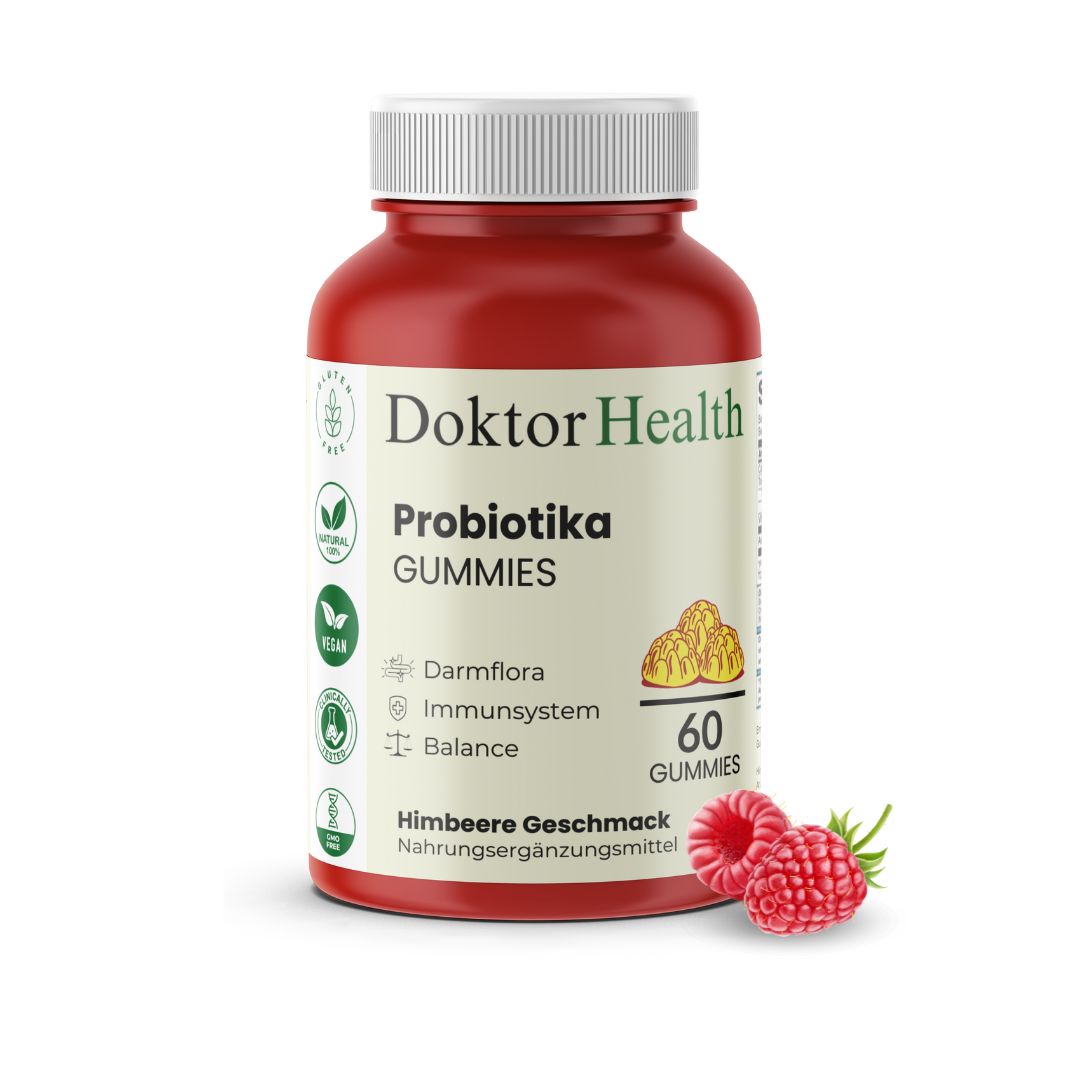 Rote Flasche Doktor Health Probiotika Gummies. 60 Gummies. Himbeergeschmack. Vegan-Siegel. Himbeeren daneben.