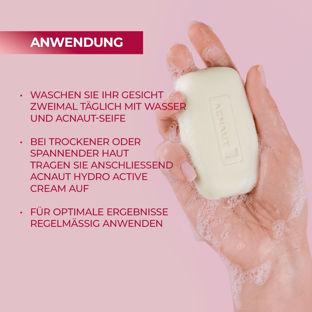 Hand mit Seife. Text: Anwendung. Anweisungen: Gesicht zweimal täglich waschen, bei trockener Haut Creme auftragen, regelmäßig anwenden.