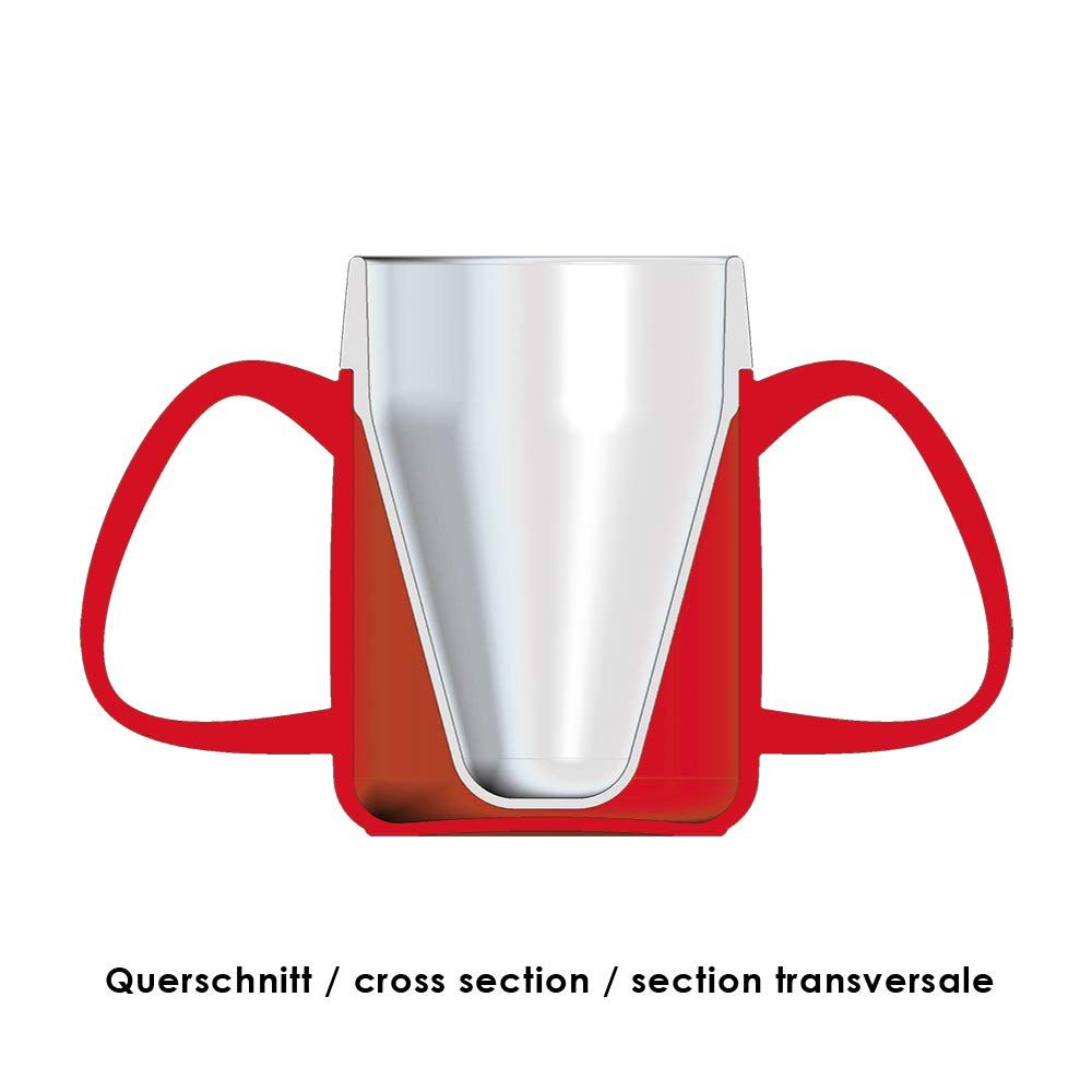Schnittzeichnung eines Bechers mit zwei Henkeln. Roter Außenbereich, silberfarbener Innenbereich. Text: Querschnitt.