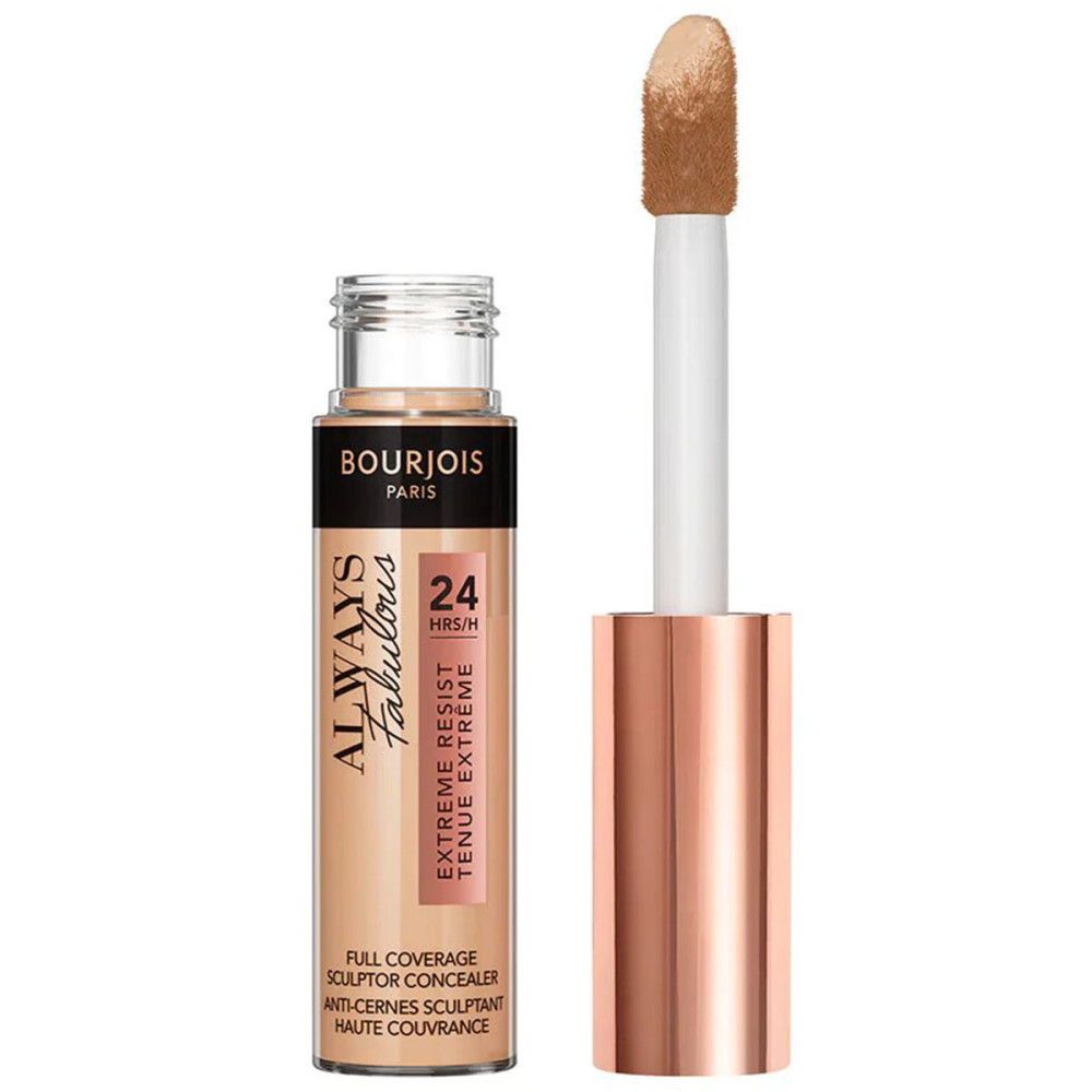 Concealer-Tube mit roségoldfarbenem Deckel. Applikator sichtbar. Schwarzer Schriftzug: Bourjois Paris, Always Fabulous, 24H.